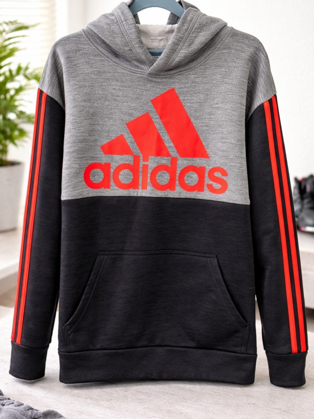 Adidas Kids Hoodie Colorblock Black Gray Red | Size S (8) |